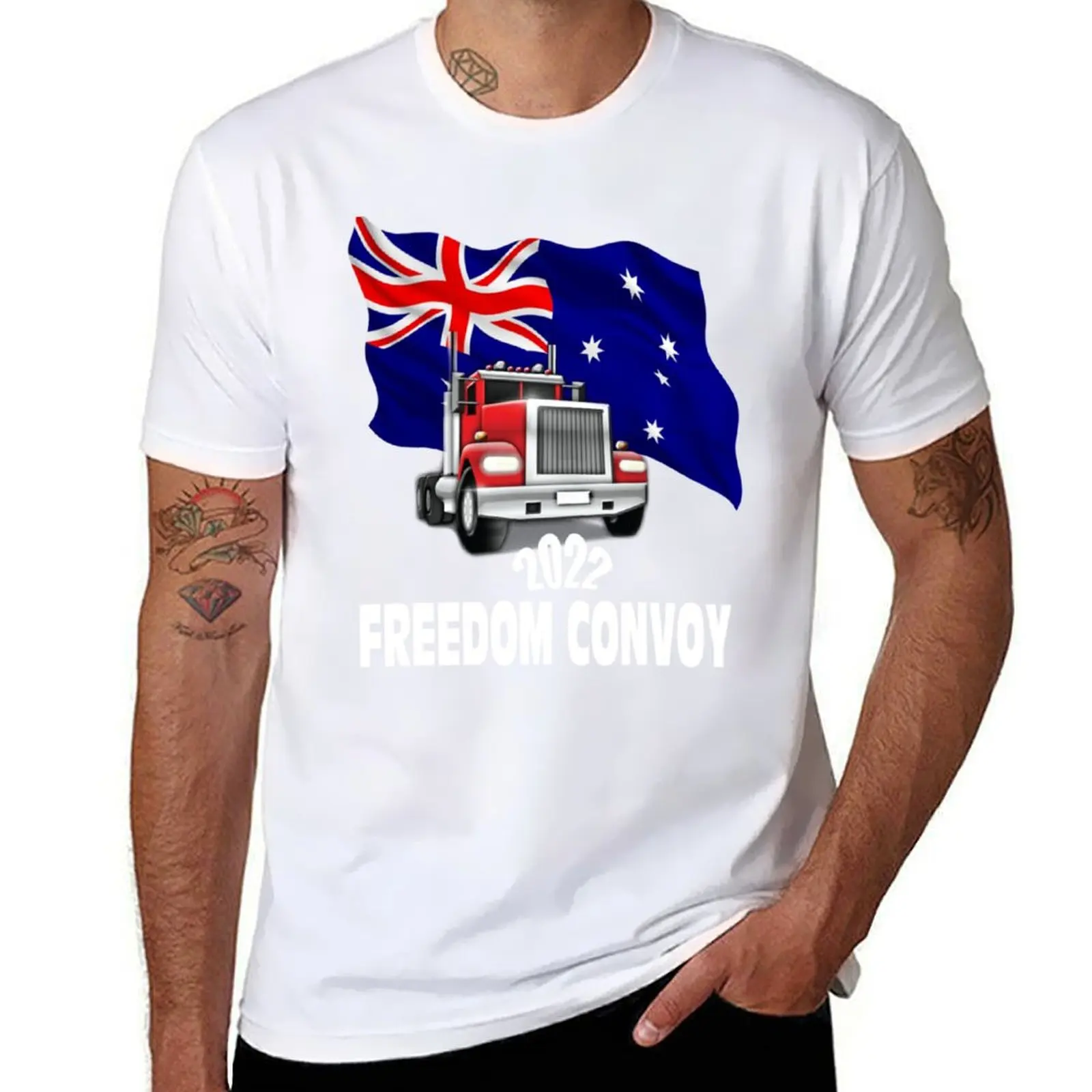 Freedom Convoy Australia 2022Truck with Waving Australian Flag T-Shirt mens graphic t shirts t shirts cotton 100% T-Shirt