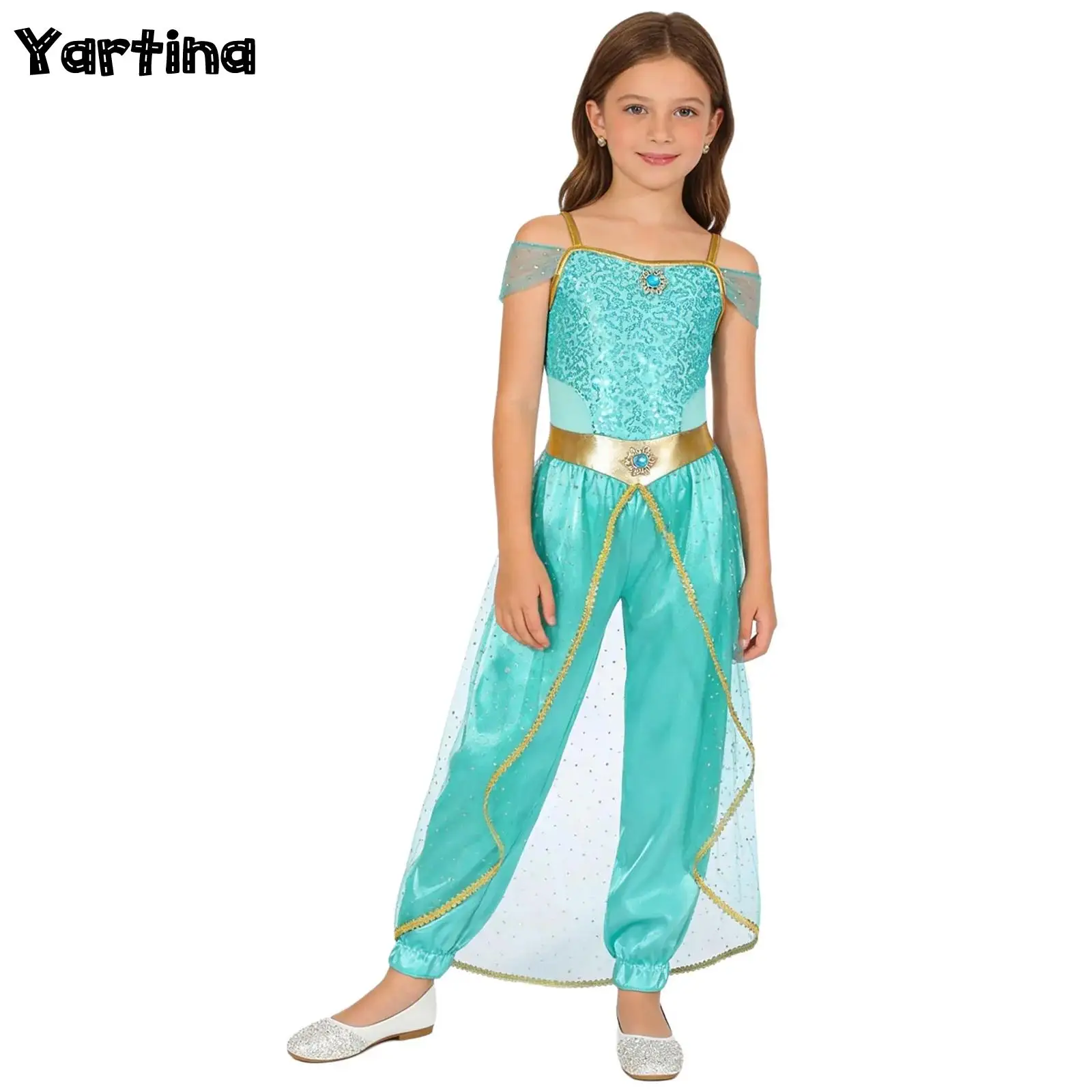 

Girls Sequin Indian Oriental Arabian Princess Bellywood Cosplay Costume Belly Dance Arabic Jumpsuit Bodysuit with Choker