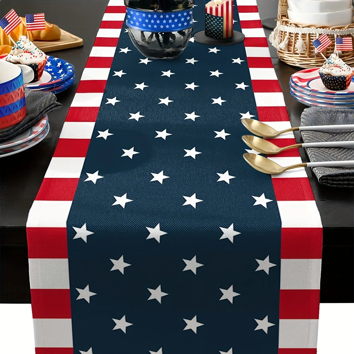 1pc Luxurious Linen Patriotic Table Runner Striped Stars Design Linen Cover Material  Kitchen Decoration Tv Cabinet Table Cover