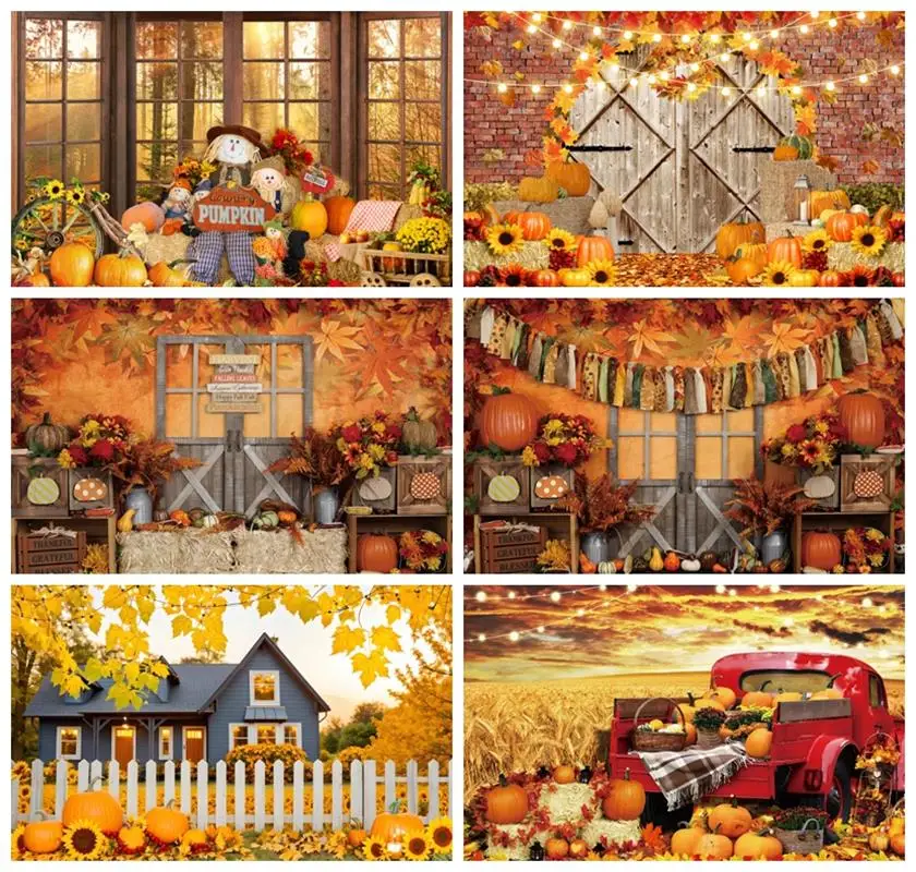 

Laeacco Autumn Harvest Backdrop Fall Rustic Wood Door Farm Pumpkin Haystack Sunflower Family Kid Portrait Photography Background