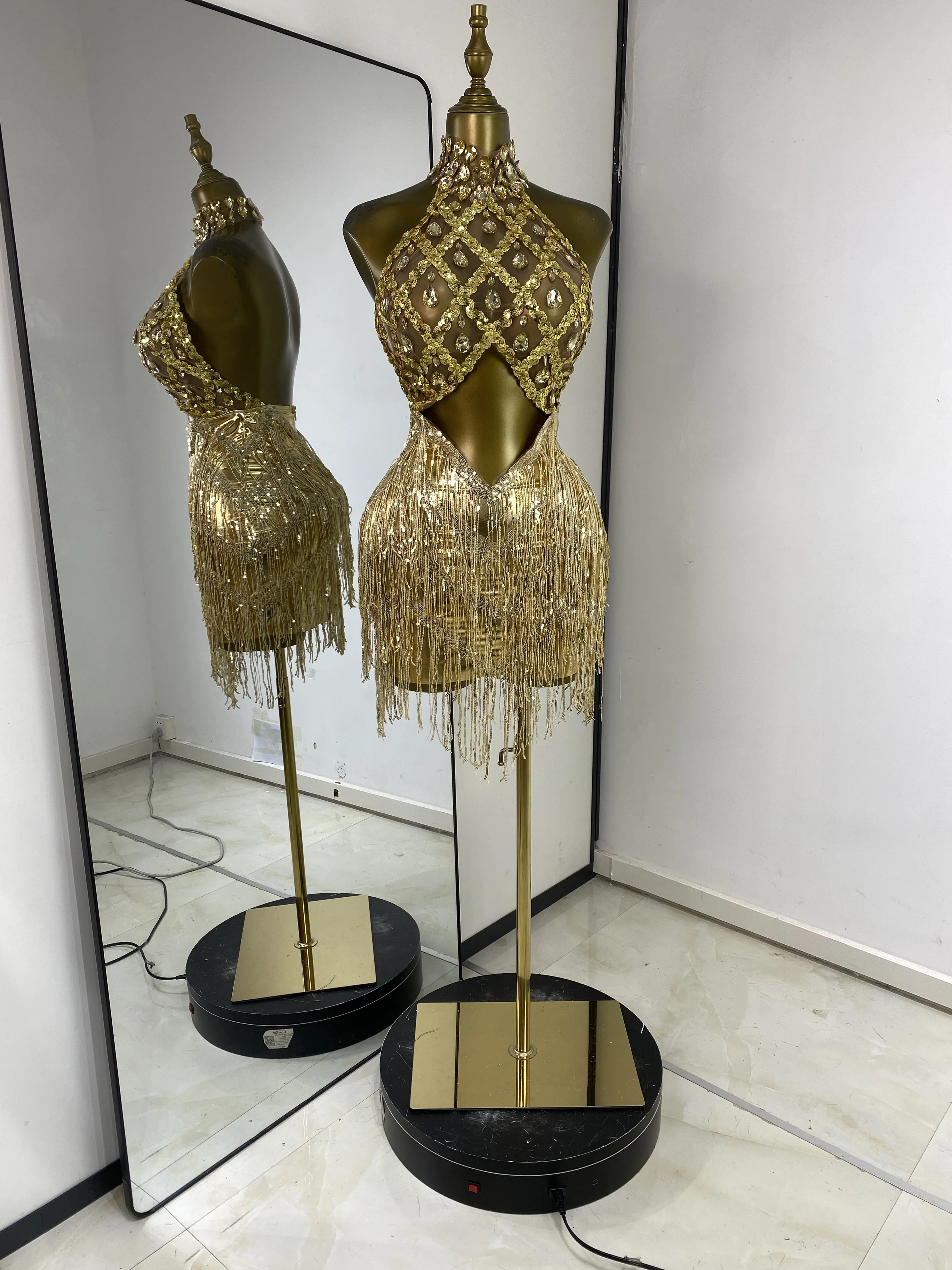 

Women Gold Evening Club Party Dress Sexy Halter Backless Sparkly Rhinestones Sequines Tassel Bodycon Mini Nightbar Costumes