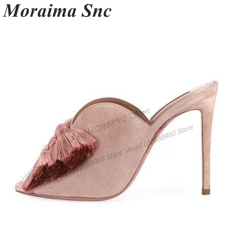 

Pink Suede Short Tassels Decor Slippers Cut Heel Stilettos High Heel Women Shoes Slip-On Peep Toe 2023 Sexy Zapatos Para Mujere