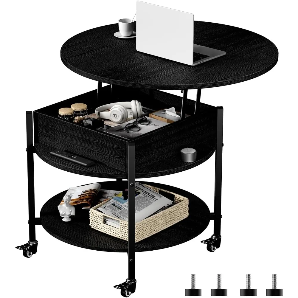 

Mid Century Black Coffee Table, 26.77” Lift Top Coffee Table with Removeable Wheels, Hidden Compartment and Open Shelf, Wood Lif