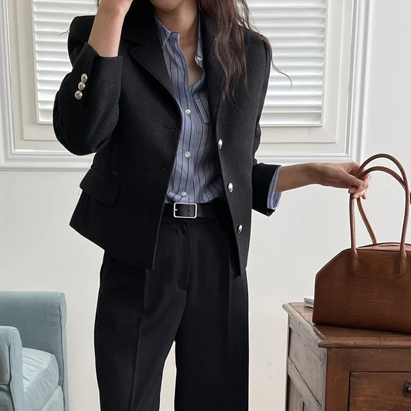 Blazer court noir à manches longues pour femmes, vestes trempées coréennes, mode élégante, combat de bureau, boutonnage simple