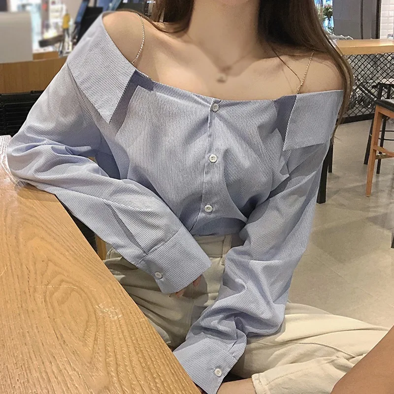 Women\'s Crop Top Loose Fit Solid Off The Shoulder Button Front Long Sleeve Women Shirt