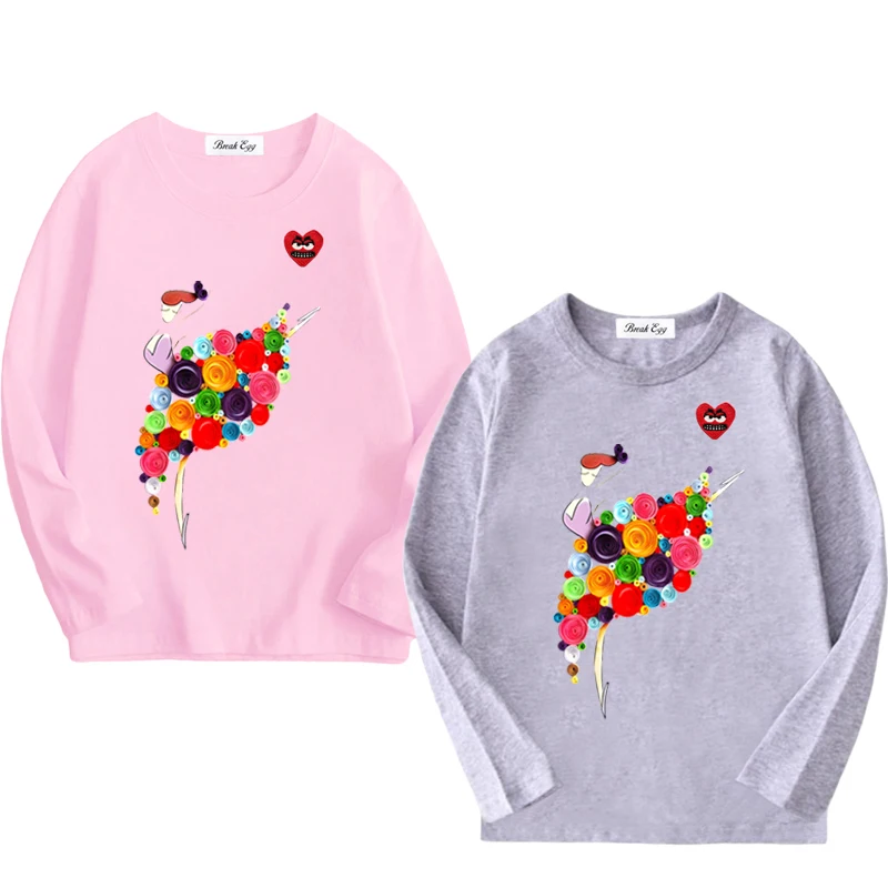 Dancer Printing Boy Girl T-shirt Cotton Cartoon Red Snag Heart Embroidery O-neck Long Sleeved Straight Summer T-shirt