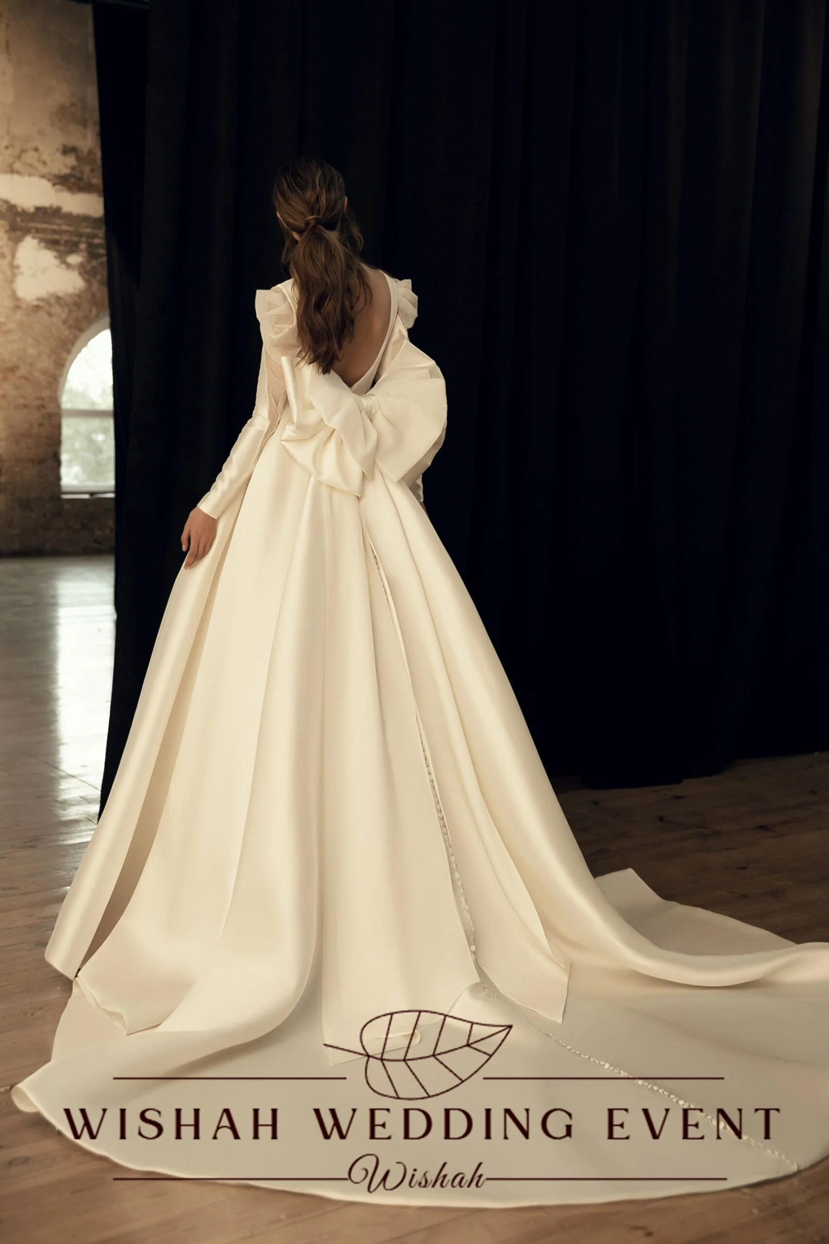 Wishah Customized Weeding Dress Elegant Deep V-neck Long Sleeve Backless Bow Pleated A-line Sheath Long Dress vestido de novia