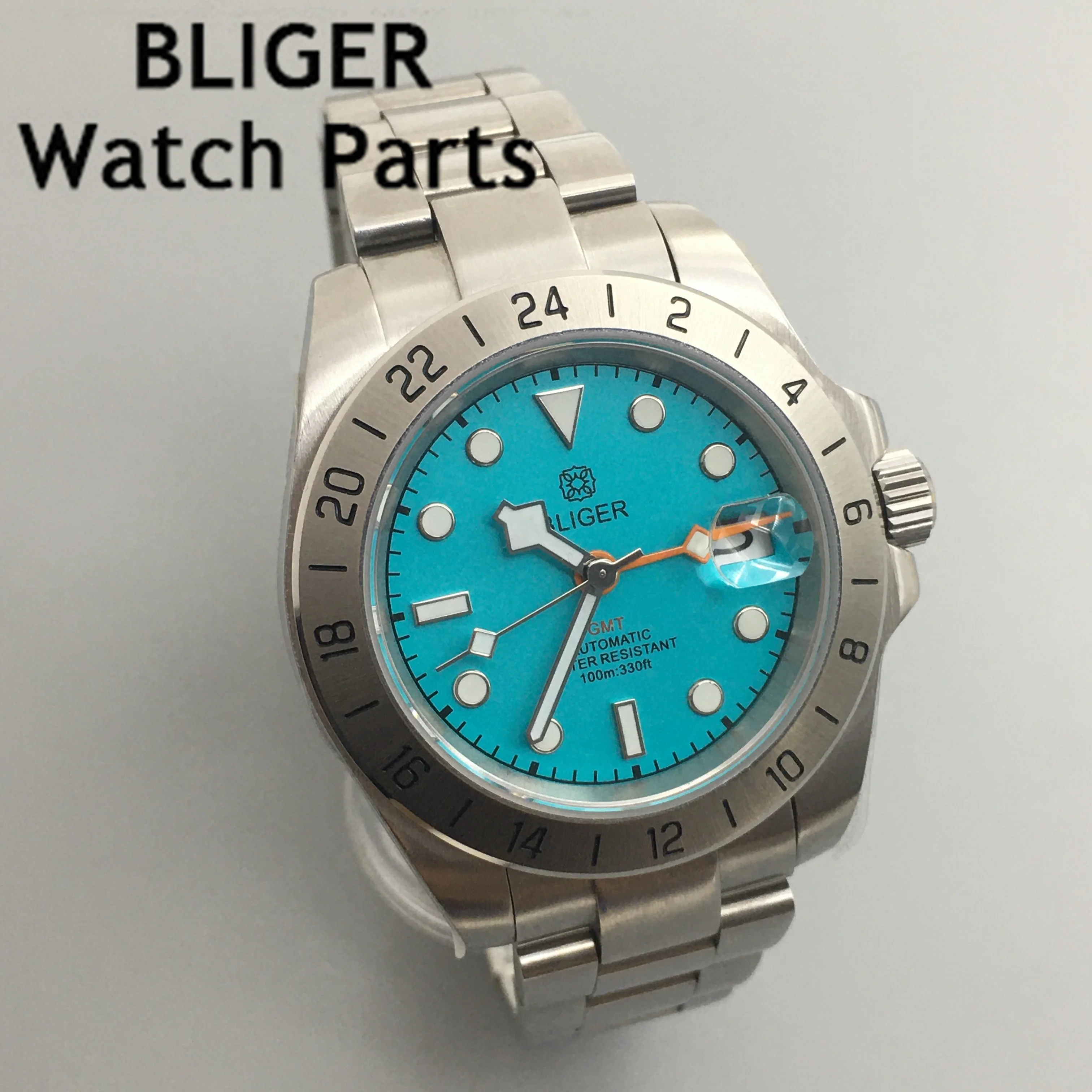 BLIGER NH34 GMT Mens Watch Automatic Blue Dial Luminous Sapphire Glass Stainless Steel Oyster Strap