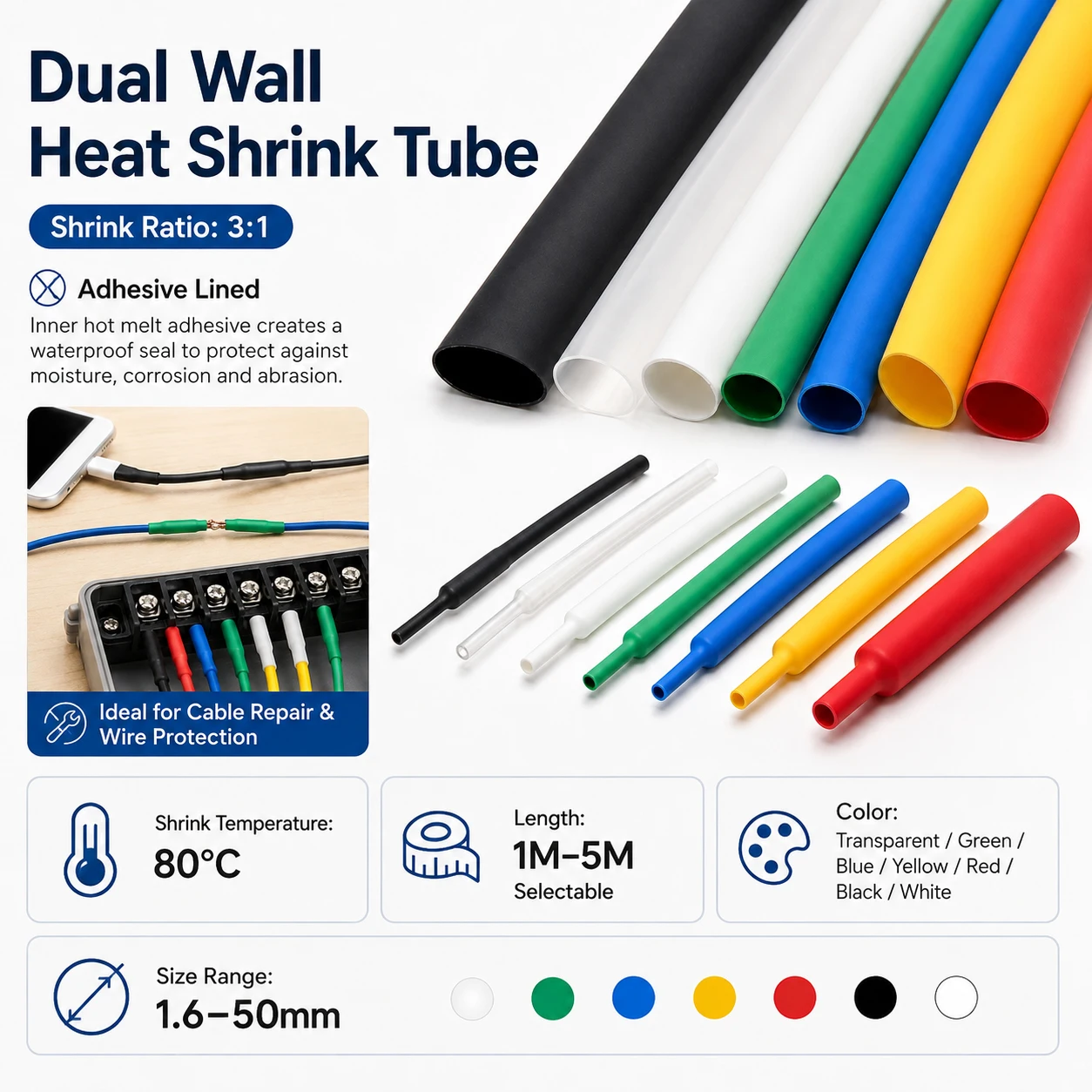1-5M 3-1 Heat Shrink Tube 1.6-50mm, Double Wall Adhesive Lined Waterproof Shrinkable Cable Wire Wrap Sleeve Kit