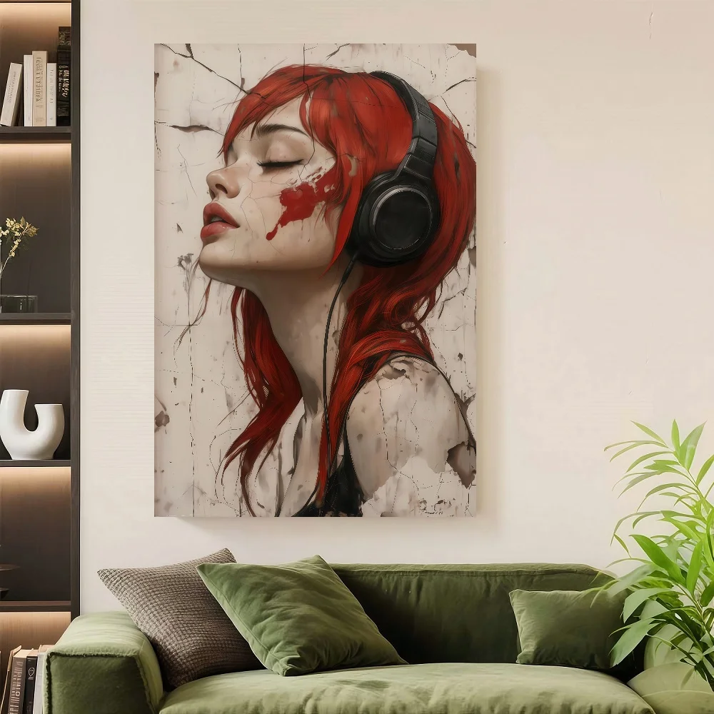 Framed 1pc Grunge Redhead Woman Canvas - Edgy Music Lover Portrait With Headphones, Red & Black Cracked Background - Wooden Fram