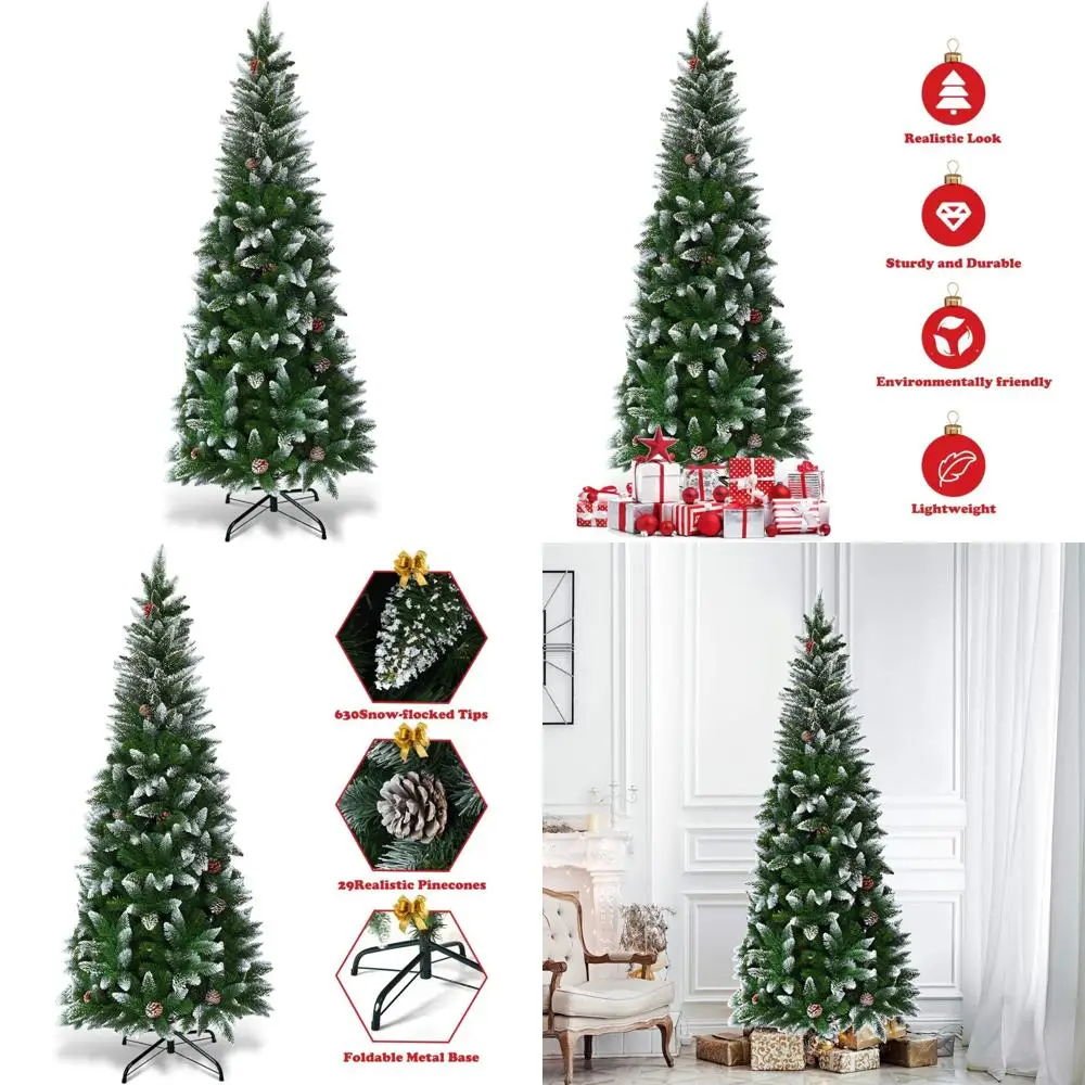 

6 Feet Tall Snow-Covered Pencil Style Christmas Tree with 630 PVC Tips, 29 Pine Cone Ornaments, Foldable Metal Base, Hinged Desi