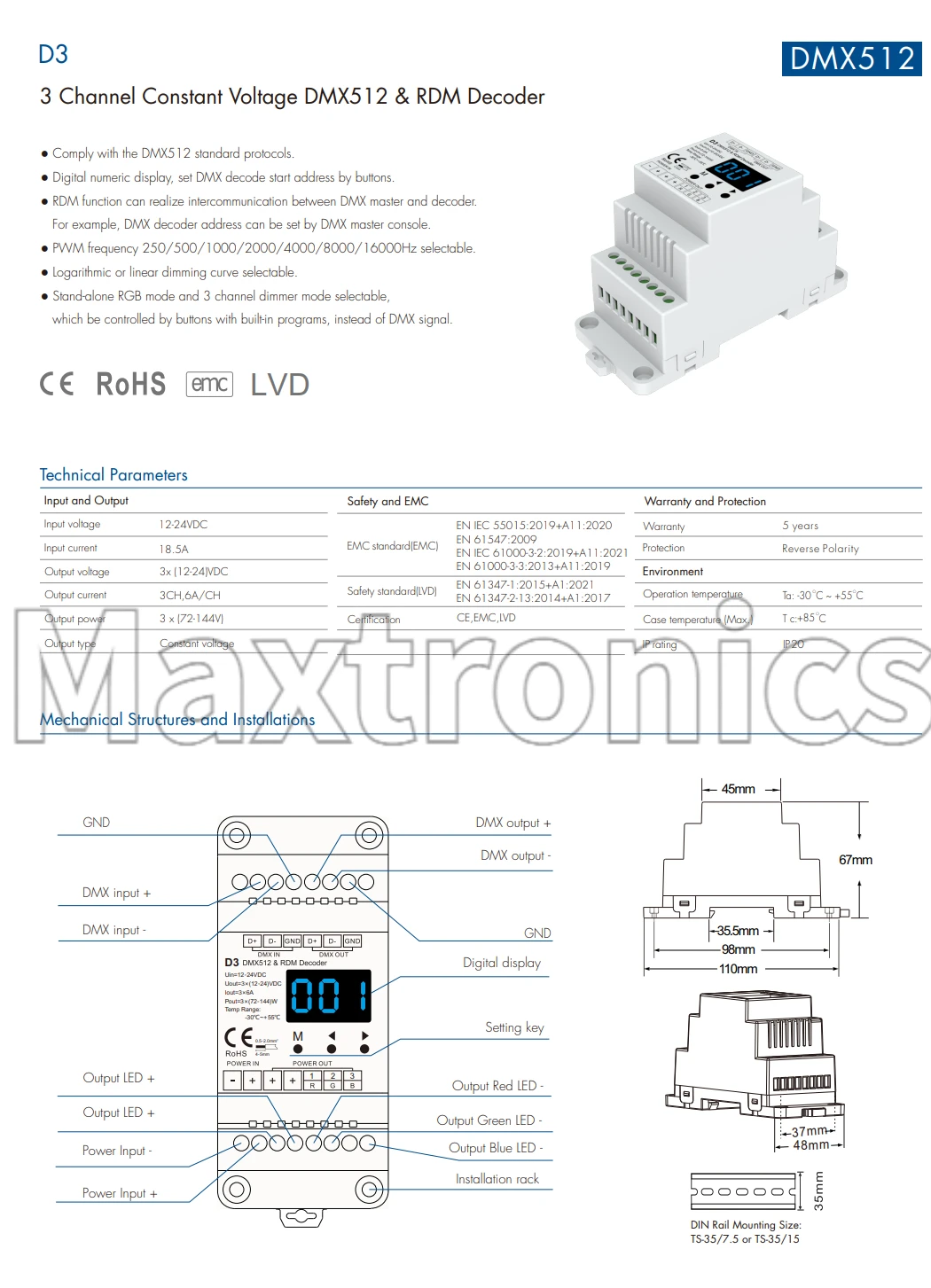 NEW D3 12-24VDC 3 Channel Constant Voltage DMX512 & RDM Decoder PWM 3CH*6A Skydance for Single Color RGB LED Strip Light