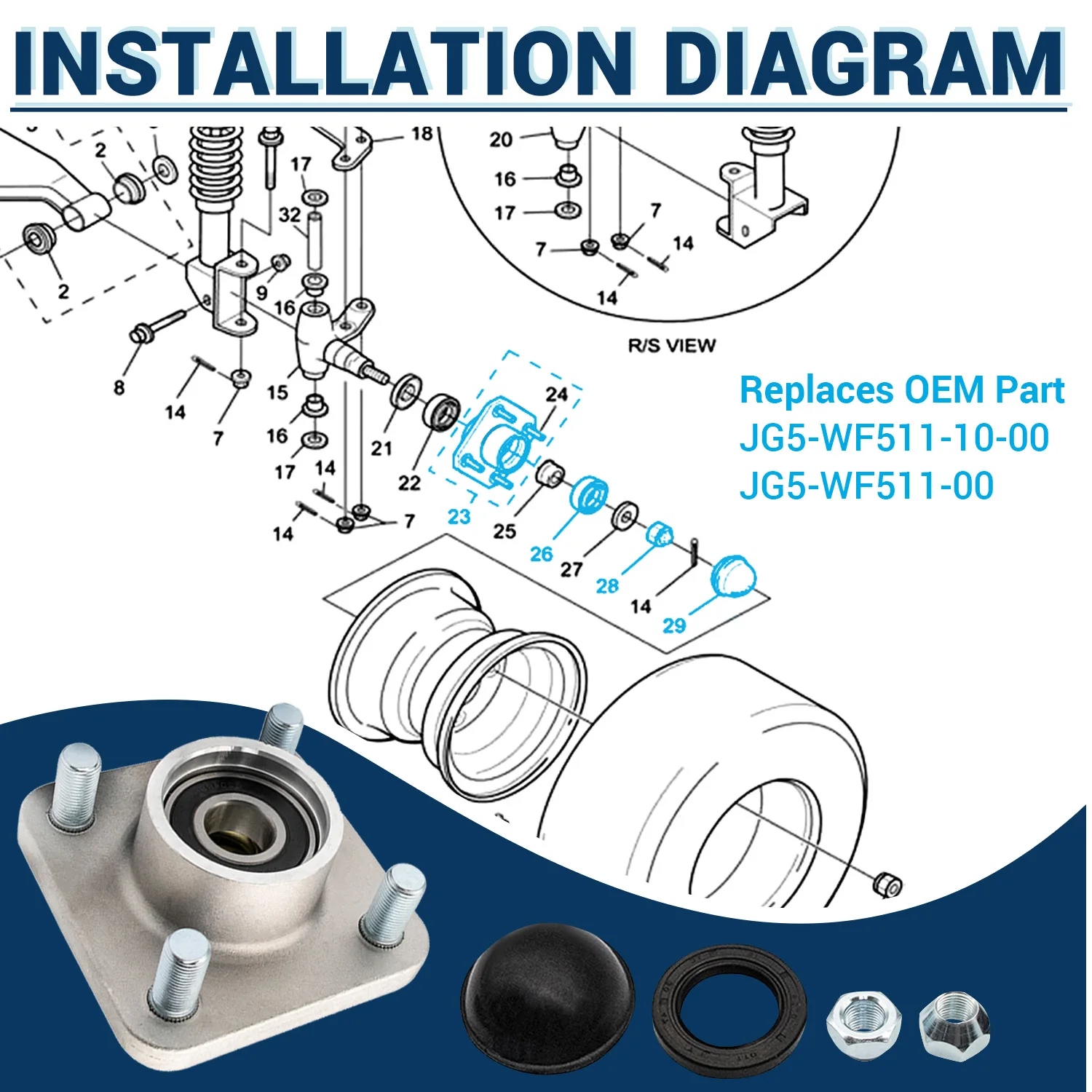 Front Wheel Hub for YAMAHA G2/G8/G9/G14/G16/G19/G22/G29 Drive Golf Cart OEM#JG5-WF511-10-00 JG5-WF511-00