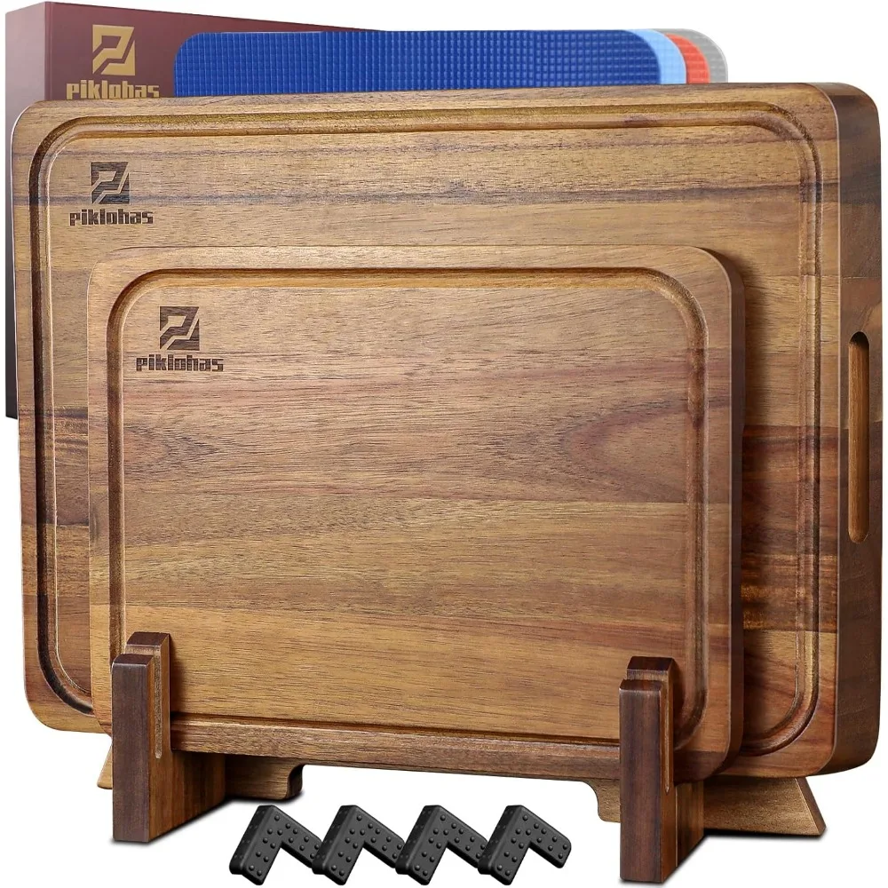 

Acacia Wood 7-Piece Charcuterie Set with Kitchen Chopping Boards, Holder, and Non-Slip Feet, Plastic Serving Board