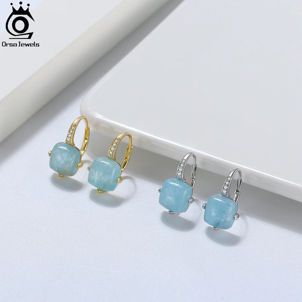 ORSA JEWELS 925 Sterling Silver Natural Aquamarine Earrings Necklace Ring Set 14K Gold Plated  Jewelry Set for Women Gift SSGM08