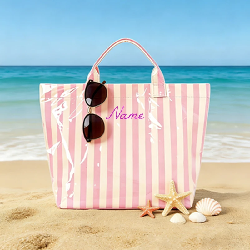 Name Embroidery Customization Striped Tote Bag High Value Lightweight Handbag Commuting Large Capacity Portable Travel Vacation