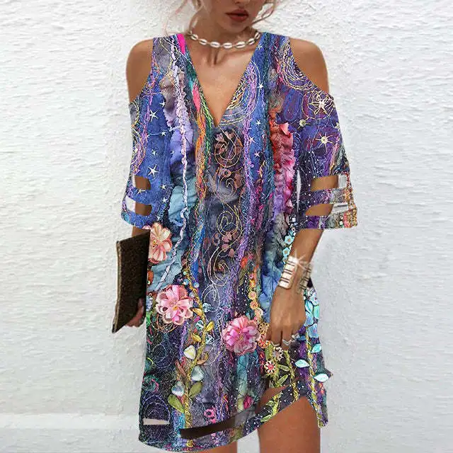 

New Summer Women's Dress V-neck Mesh Spliced half-sleeved Fashion Printed Vacation Casual Midi Skirt