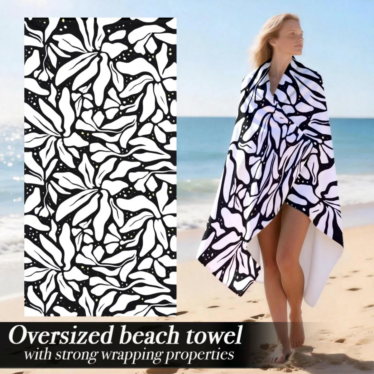 Black White Floral Oversized Beach Towel Patterned Sunscreen And Windproof Suitable For Swimming Pool Camping Travel Blanket