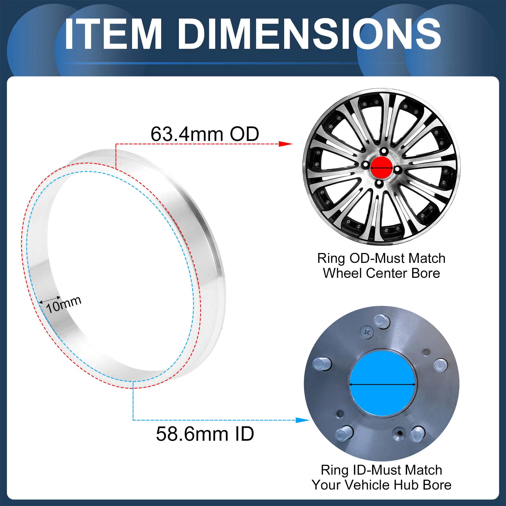 UXCELL 4pcs Car Wheel Hub Centric Ring OD 63.4mm 69.1mm to ID 54.1/56.1/56.6/58.1/58.6mm Wheels Center Shaft Shock Hubrings