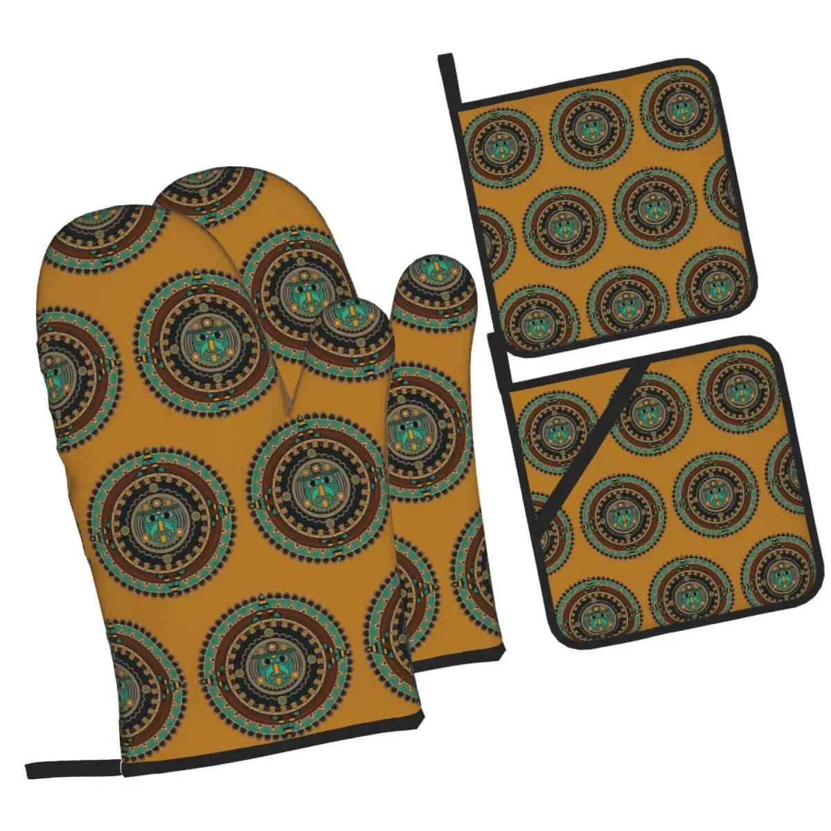 Aztec Calendar Oven Mitts and Pot Holder Sets of 4 for Baking Kitchen Cooking BBQ Resistant Non-Slip Gloves