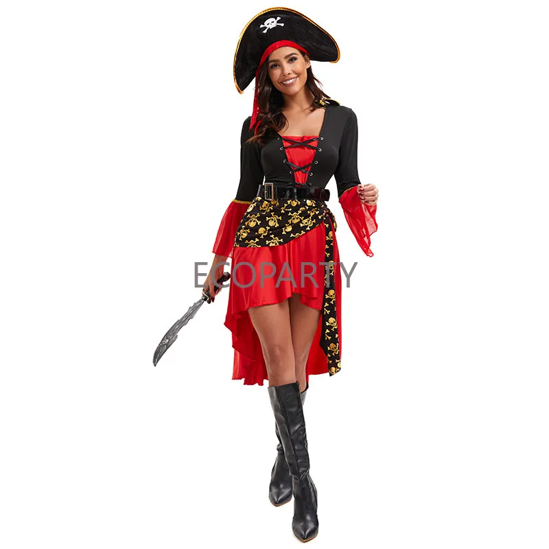 Costume de Pirate des Caraïbes avec Chapeau pour Femme, Robe de Barrage Gothique, Tenue d'Halloween