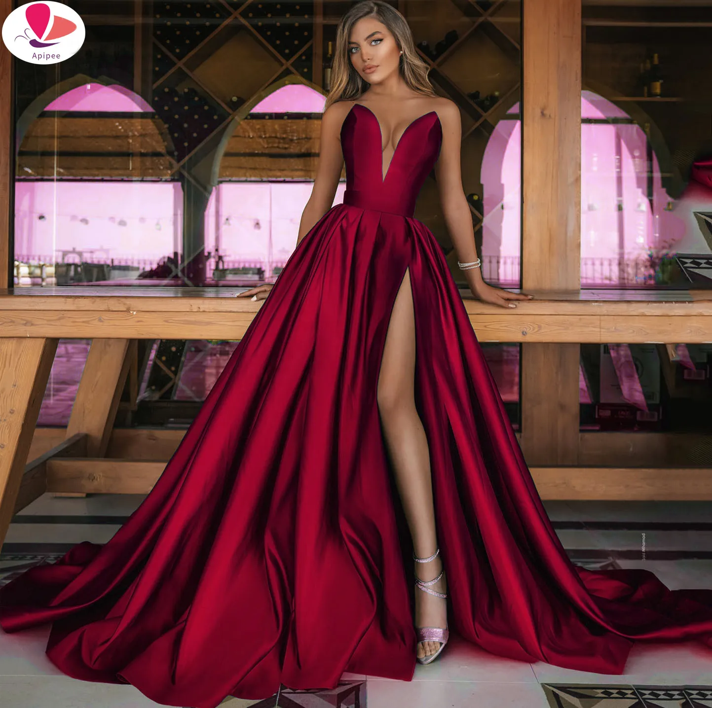 

Sexy Red Evening Dresses V Neck Backless Satin Prom Dresses Long Elegant Evening Gown Robe De Soiree Summer Dress Size