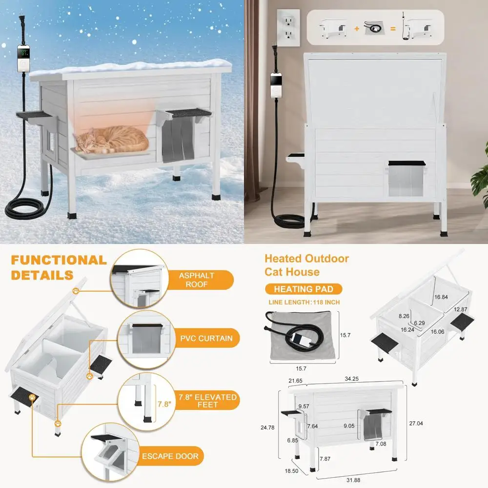 

Изолированное укрытие для кошек на открытом воздухе с подогревом — всепогодный фермерский кошачий домик с дверью для побега и занавеской из ПВХ для зимнего комфорта