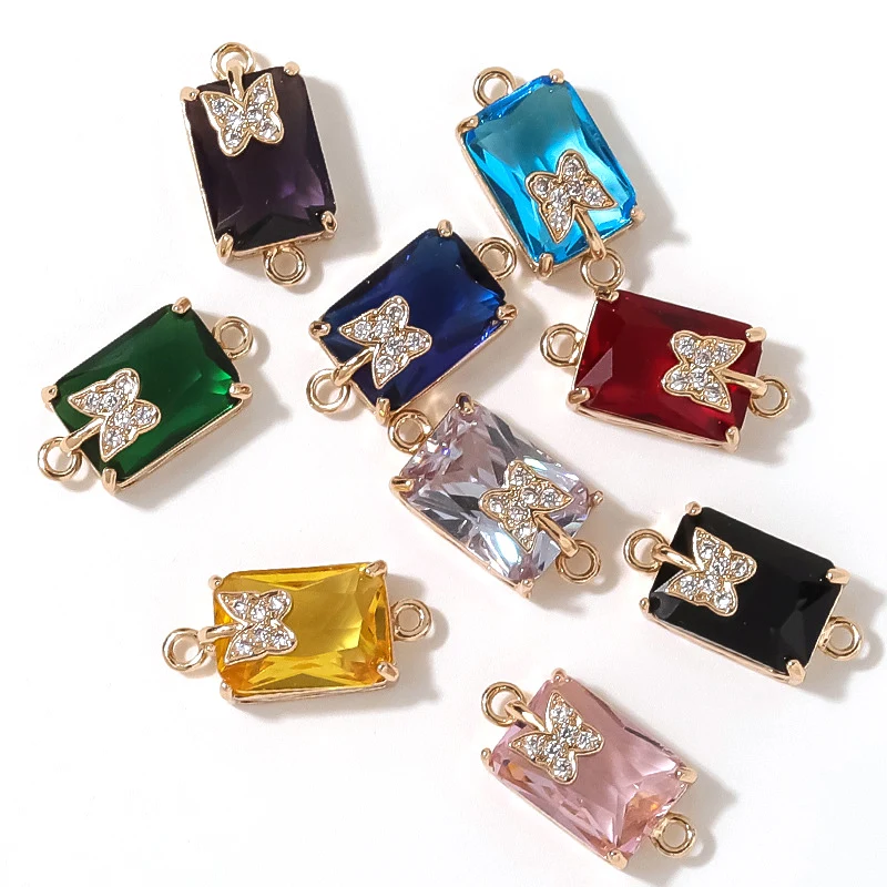 10pcs/ Bag Fashionable rectangular gradient color crystal glass double ring pendant connector DIY jewelry accessories