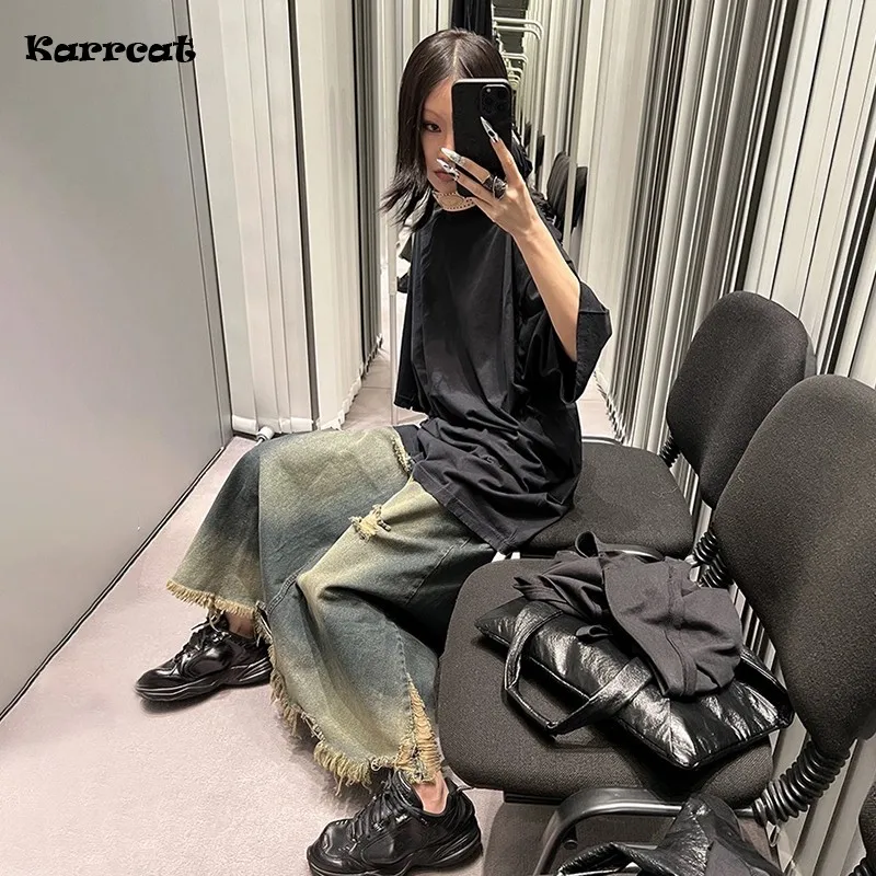 

Karrcat Grunge Aesthetics Denim Skirt Vintage Distressed Jean Skirts Wasteland Punk Broken Hole Maxi Skirt Loose Korean Fashion