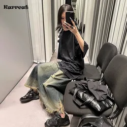 Karrcat Grunge Aesthetics Denim Skirt Vintage Distressed Jean Skirts Wasteland Punk Broken Hole Maxi Skirt Loose Korean Fashion