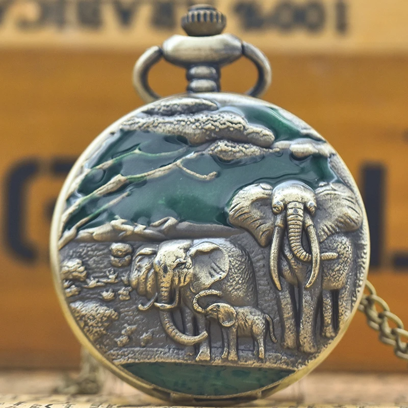 Vintage Charm Neutral Fashion Elephant Group Carving Quartz Steampunk Pocket Watch Men's and Women's Necklace Pendant Gift
