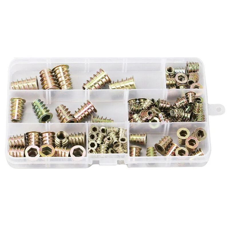 120pcs Zinc Alloy Hex Flanged Screw-in Nut M4-M10 Hex Socket Drive Threaded Inserts Nuts Assortment Set for Wood Furniture