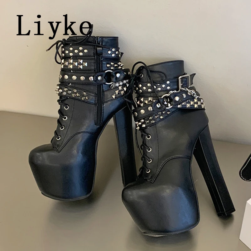 Ботинки Liyke на платформе, большие размеры 43, 44, 45, черные, женские, на очень высоком каблуке, модные, на шнуровке, с круглым носком, с цепочкой, в готическом стиле, для любителей рок-музыки.