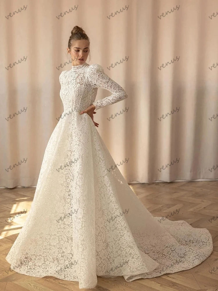 فساتين زفاف رائعة على شكل حرف A من الدانتيل زي العرائس بأكمام طويلة للحفلات الرسمية أنيقة من فيستدوس دي نوفيا مخصصة 2025