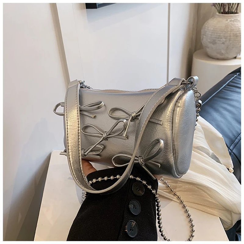 Cute little bow tie design crossbody bag for women 2024 new silver pink armpit small square bag handbag PU leather shoulder bag