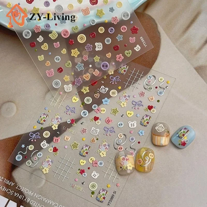 Kawaii Embossed Cartoon Buttons DIY Nail Art Stickers For Scrapbook Journal Material Decor Decals