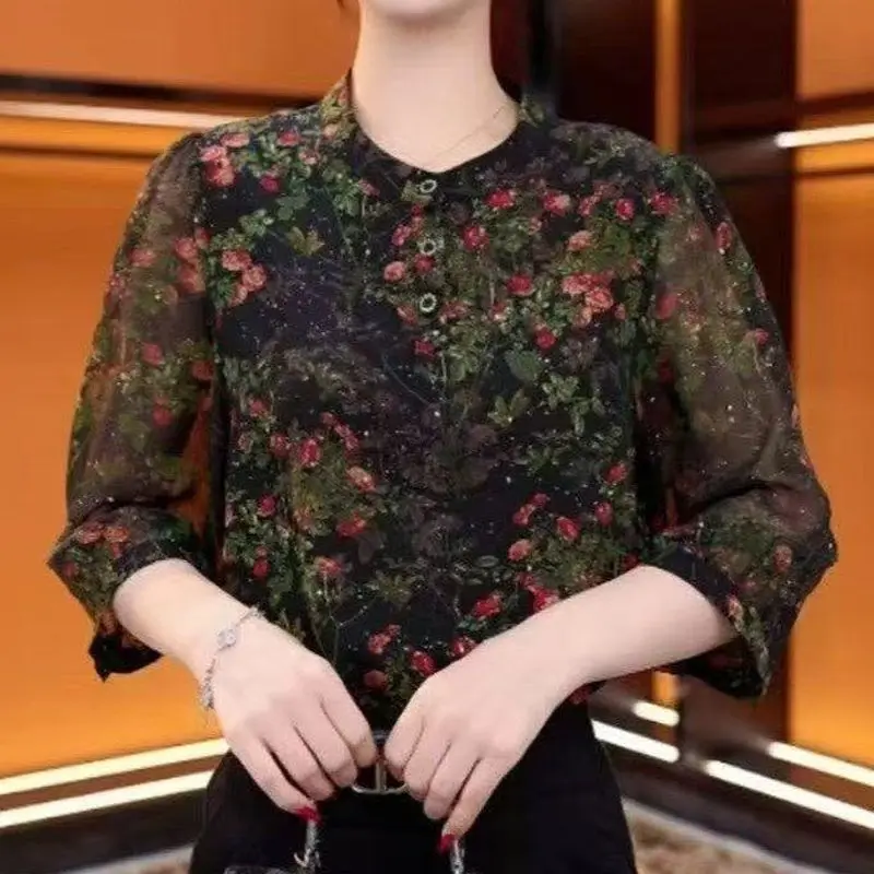 

Fashion High-end Floral Shirt Women's New Versatile Loose Casual Western Style Pullover Retro Thin Top