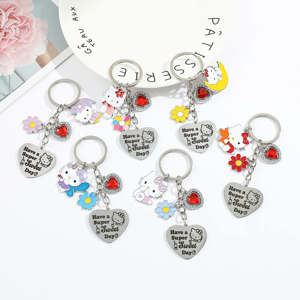 Anime Sanrio Hallo Kitty Schlüssel bund niedlichen Cartoon Figur kt Katze Brief Edelstahl Legierung Abzeichen Anhänger Schlüssel bund Schmuck