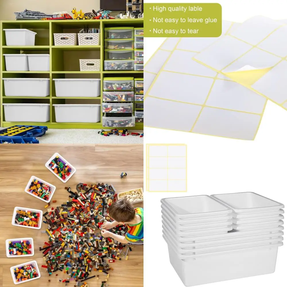 

12-Pack White Plastic Storage Bins with Labels for Home, Office, and Library Organization