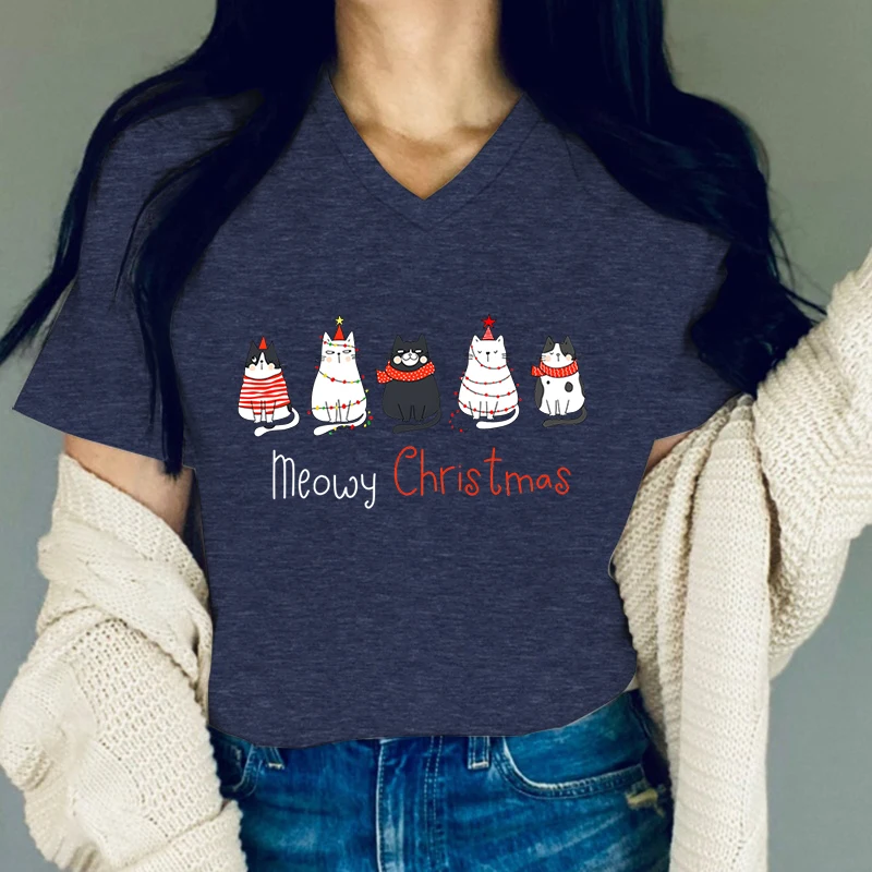 المرأة عيد ميلاد سعيد القطط الكرتون المطبوعة تي شيرت, موضة, كم قصير, الخامس الرقبة, تي شيرت, مضحك, عطلة