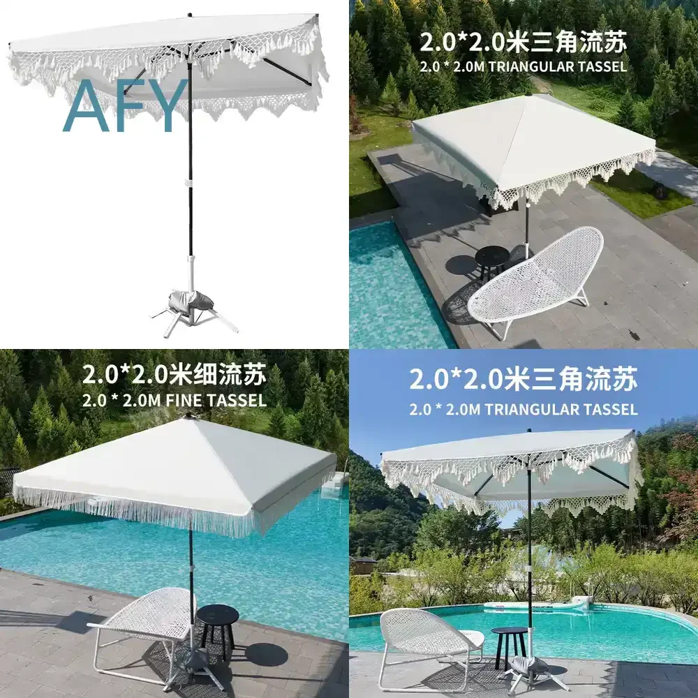 Beach Umbrella for Seaside Vacation Courtyard Pool Terrace Sun Shade Parasol Square Fringed Outdoor UV Protection Garden
