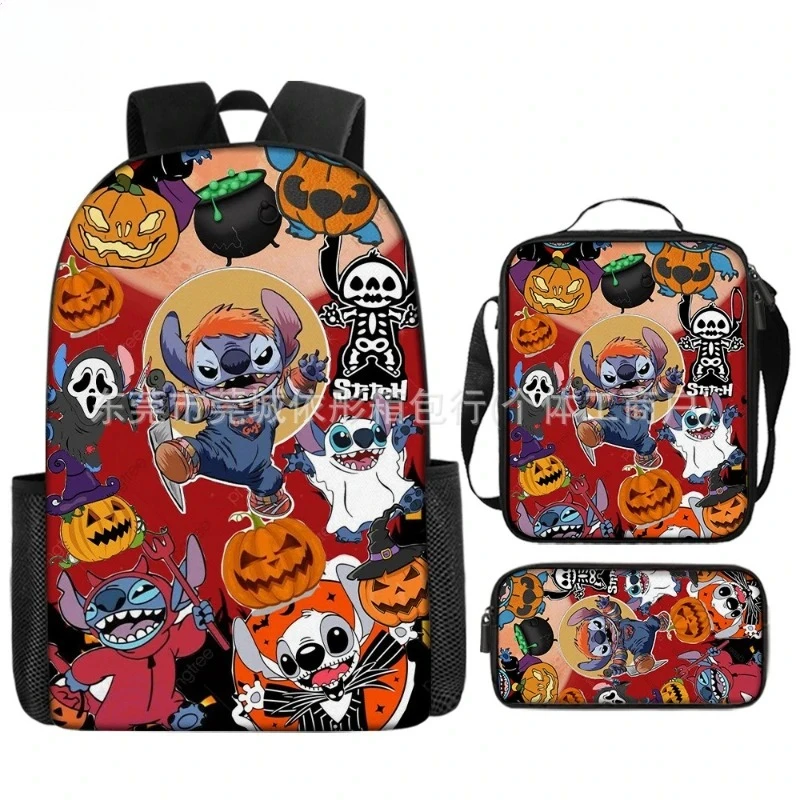 Stitch Halloween 3/pcs Backpack Set Pumpkin Ghost Spider Web Print Kids School Backpack + Lunch Bag + Pencil Case Casual