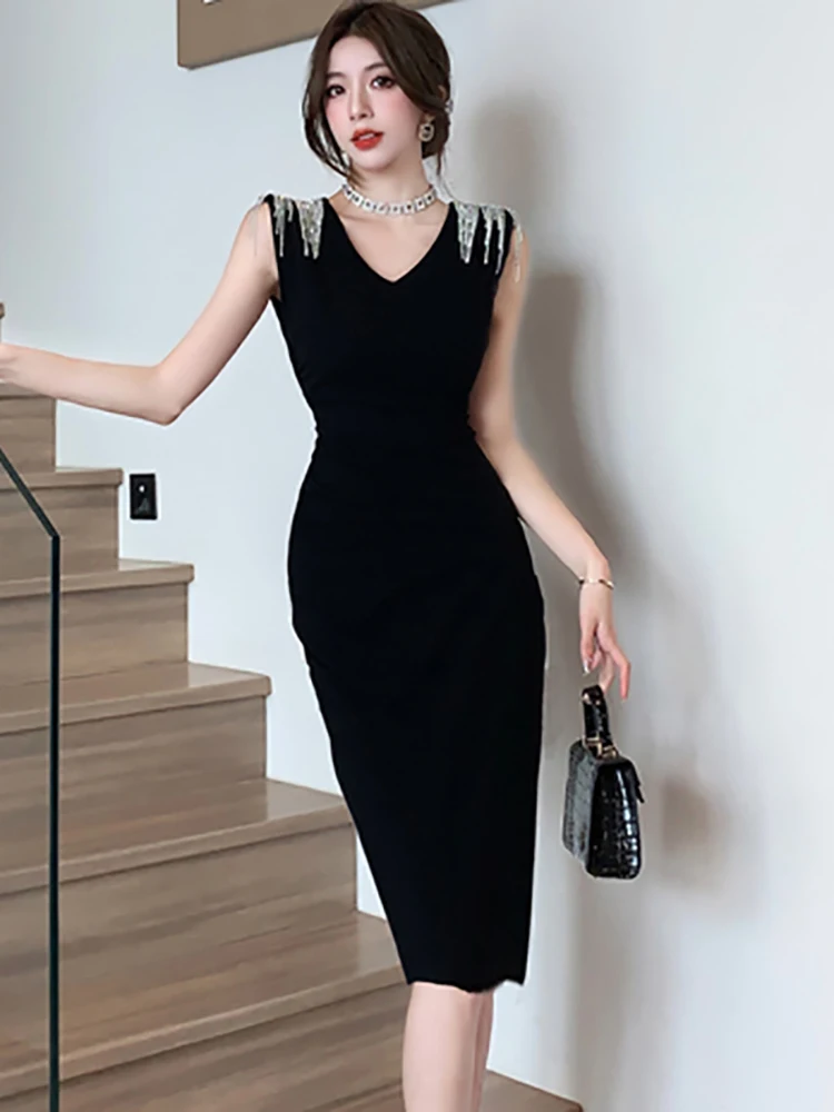 Summer Sleeveless V-Neck Sexy Long Dress Women Fashion Chic Tassel Y2k Dress 2024 Korean Black Korean Vintage Hepburn Prom Dress