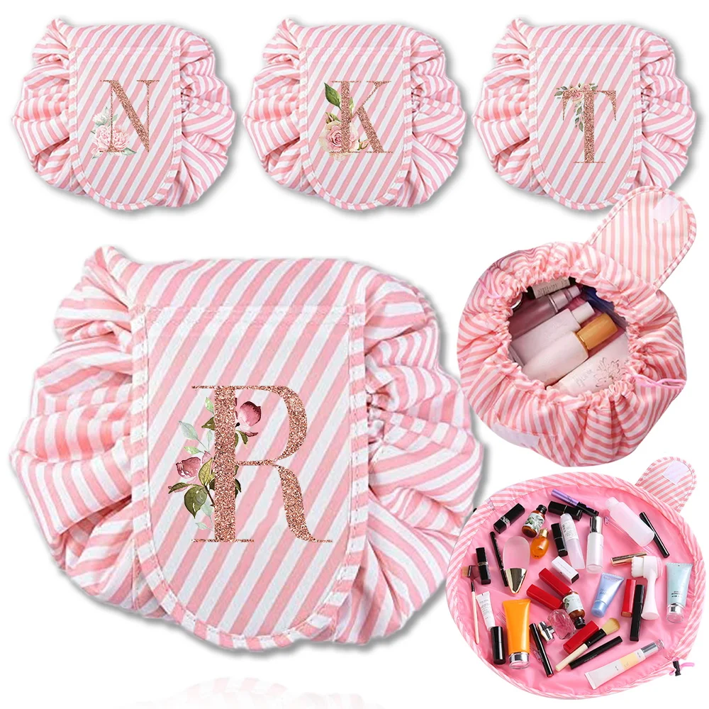 Drawstring Cosmetic Bags Ladies Portable Red Stripe Makeup Bag  Organizer Washing Bag Makeup Storage Bags Rose Gold Series