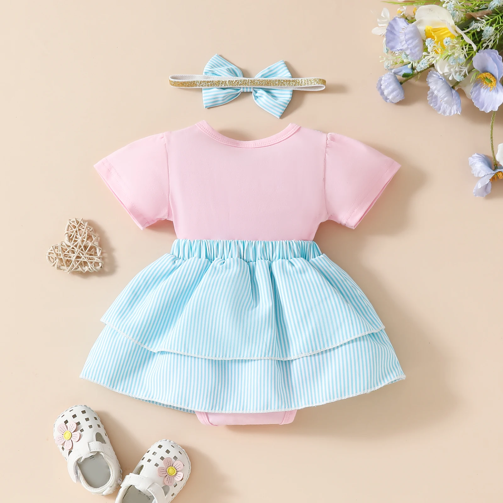 Baby Girl Short Sleeve Frog Embroidery Suspender Romper with Headband Summer Outfits Infant 2Pcs Clothes Set