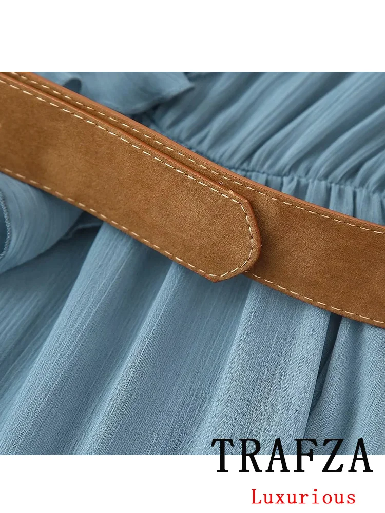 TRAFZA Vintage Casual Chic Women Dress Blue Solid O-Neck Belt Straight Long Tierred Vestidos Fashion 2024 Autumn Holiday Dress