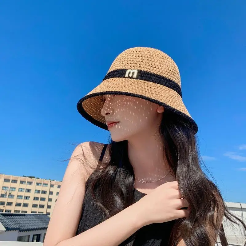 Quick-Drying Hat Summer Knitted Hollowed out Breathable Fisherman Hat Female Letter All Casual Sunshade Sunblock Hat Thin Bucket