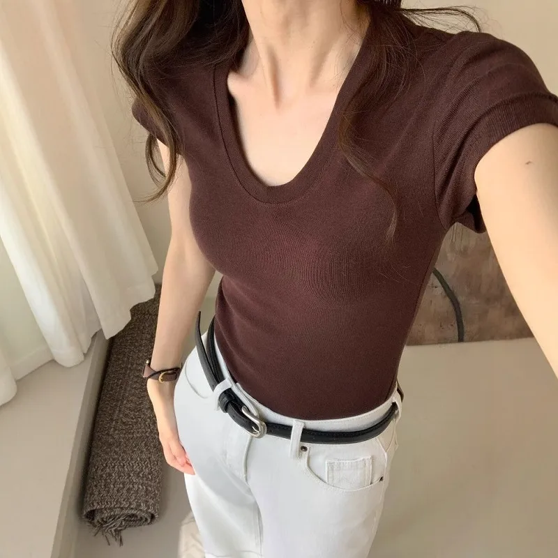 U-Neck Shoulder Short Sleeve T-Shirt Women Summer Slim Fitting Elegant Casual Solid Chic Basic Fashion Lady Streetwear Blouse