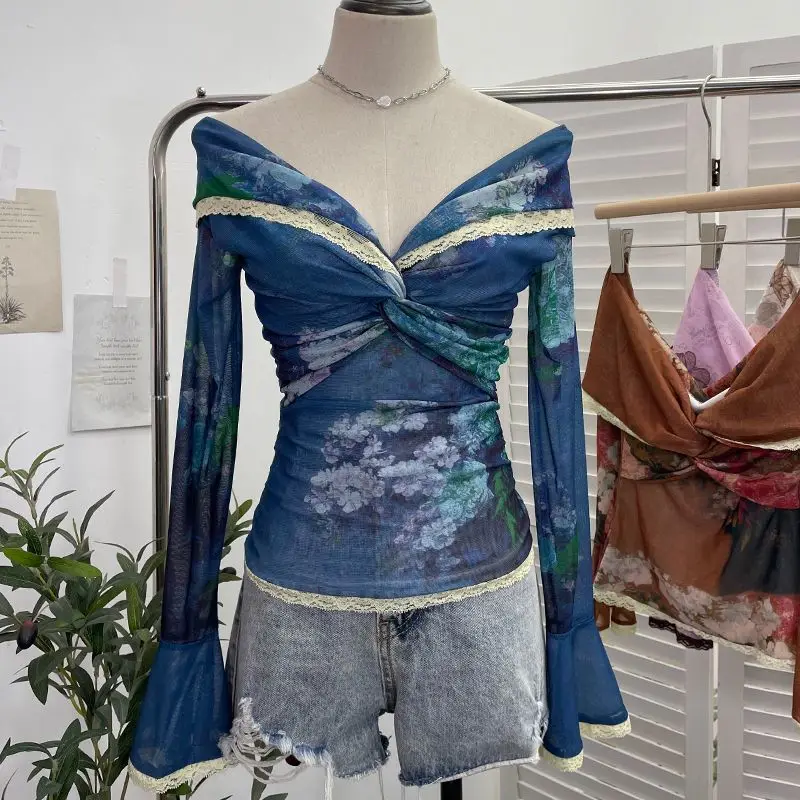 Spring and Summer New Arrival Oil Painting Style Large Collar One-Shoulder Twist Knot Long Sleeve Slim Fit Mesh Top
