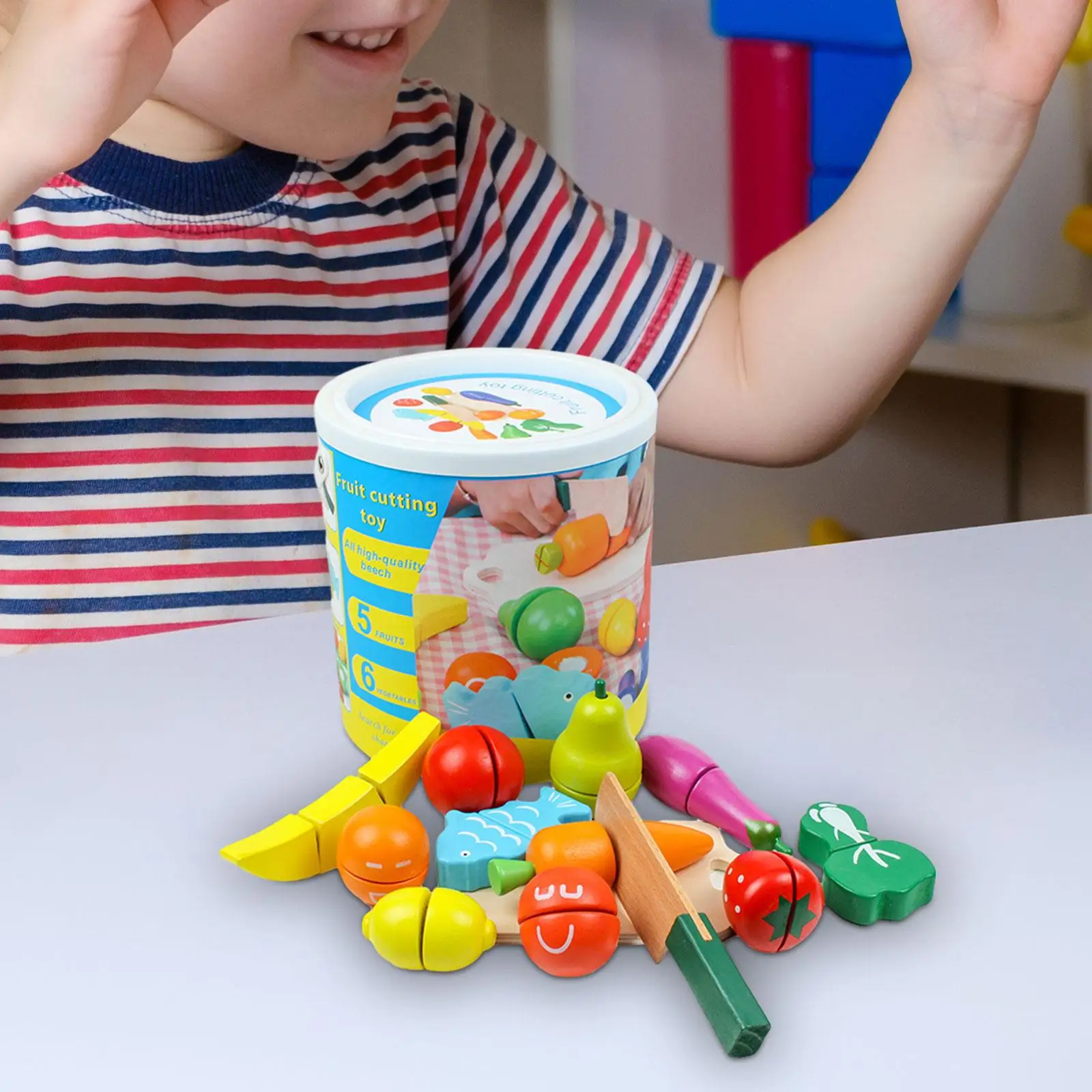 Play Food Toy Hand Eye Coordination Wooden Fruit Vegetable Cutting Toys for Boy Girl Children Ages 1-3 Years Old Kids Gift